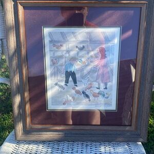 Amish children gathering eggs, print signed framed